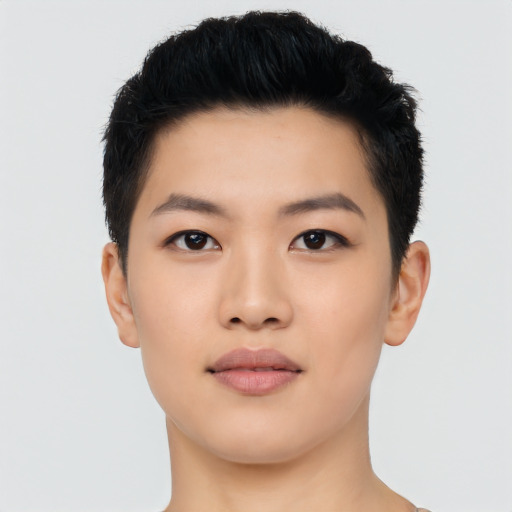 Neutral asian young-adult female with short  black hair and brown eyes