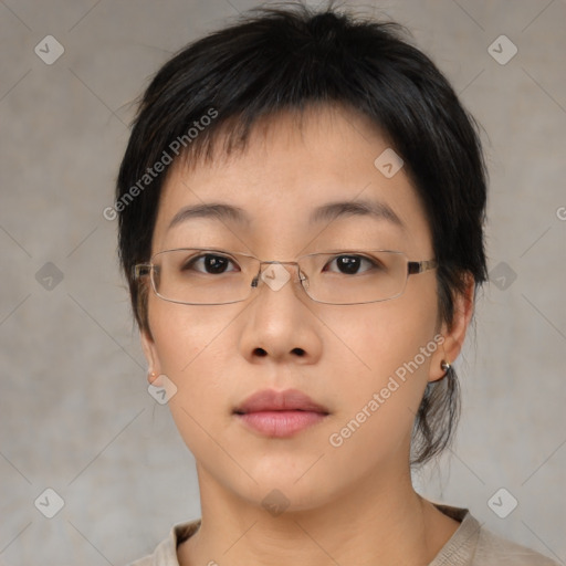 Neutral asian young-adult female with short  brown hair and brown eyes