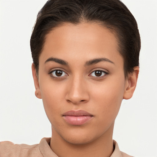 Neutral white young-adult female with short  brown hair and brown eyes