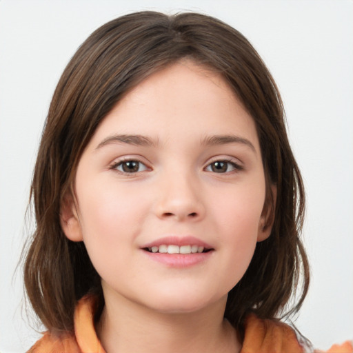 Joyful white child female with medium  brown hair and brown eyes