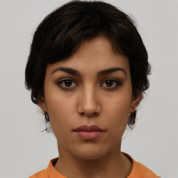 Neutral white young-adult female with short  brown hair and brown eyes