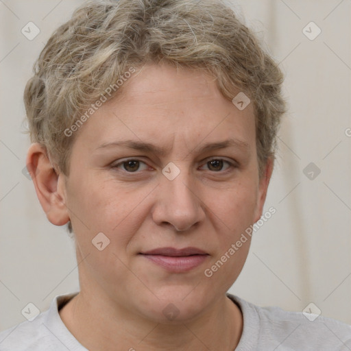 Joyful white adult female with short  brown hair and grey eyes