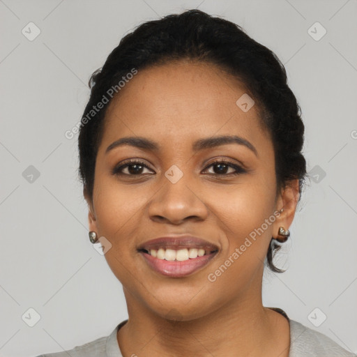 Joyful latino young-adult female with short  black hair and brown eyes