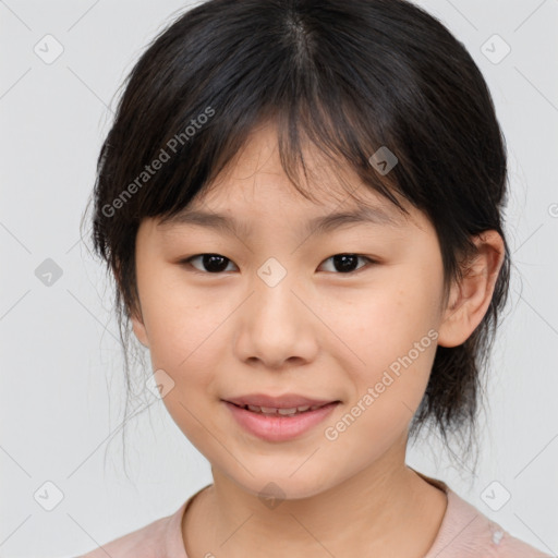 Joyful asian child female with medium  brown hair and brown eyes