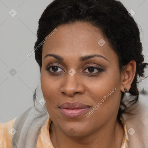 Joyful latino young-adult female with long  brown hair and brown eyes