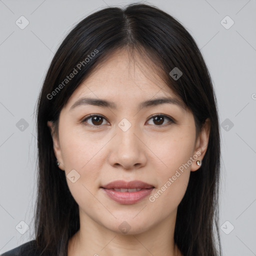 Joyful white young-adult female with long  brown hair and brown eyes