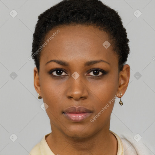 Neutral black young-adult female with short  black hair and brown eyes