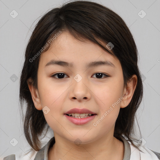 Joyful white child female with medium  brown hair and brown eyes