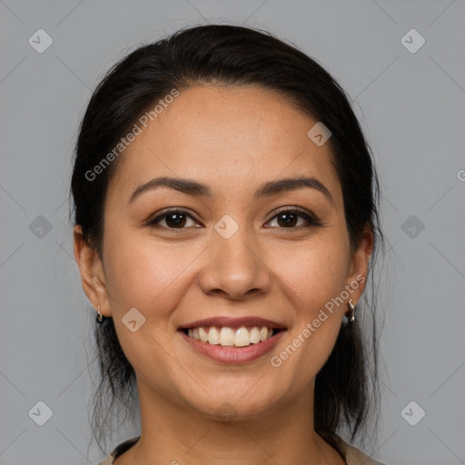 Joyful white young-adult female with medium  brown hair and brown eyes