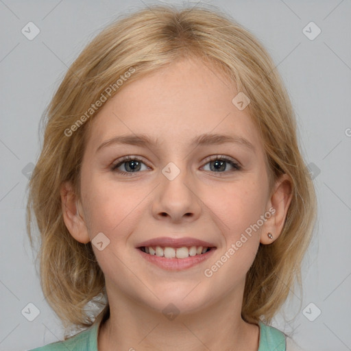 Joyful white young-adult female with medium  brown hair and blue eyes