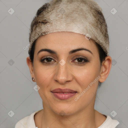 Joyful white adult female with short  brown hair and brown eyes