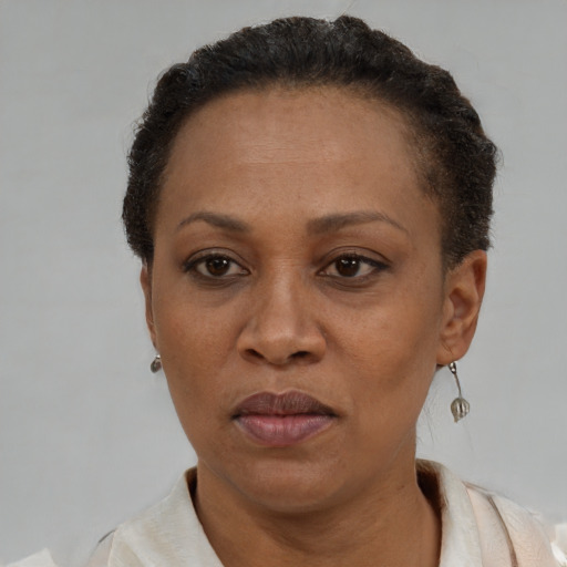 Neutral black adult female with short  brown hair and brown eyes