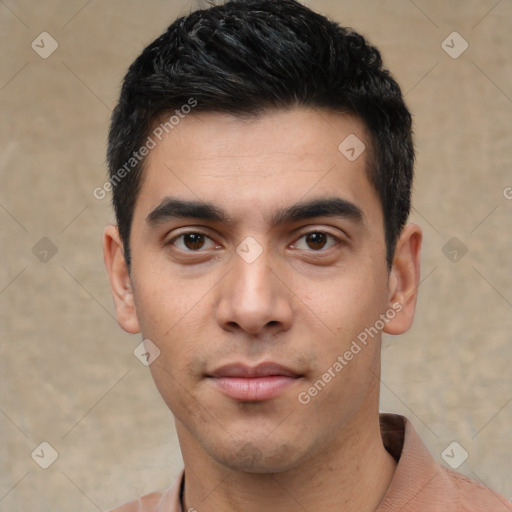 Neutral asian young-adult male with short  black hair and brown eyes