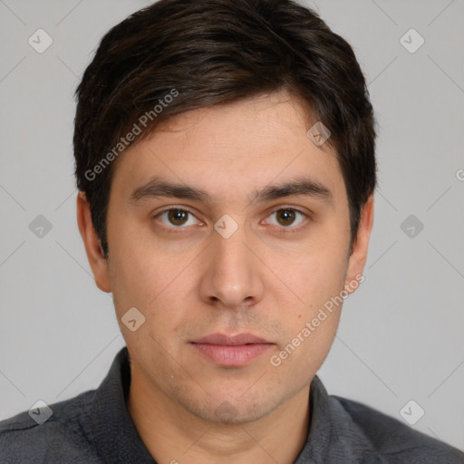 Neutral white young-adult male with short  brown hair and brown eyes