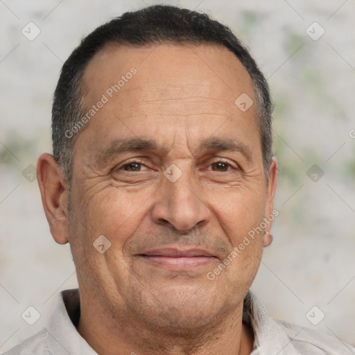 Joyful white middle-aged male with short  brown hair and brown eyes