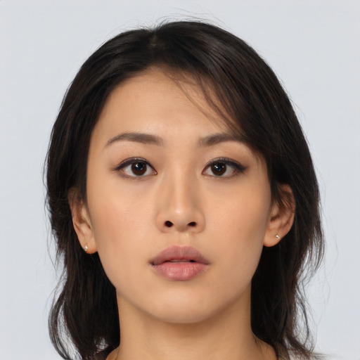 Neutral asian young-adult female with long  brown hair and brown eyes
