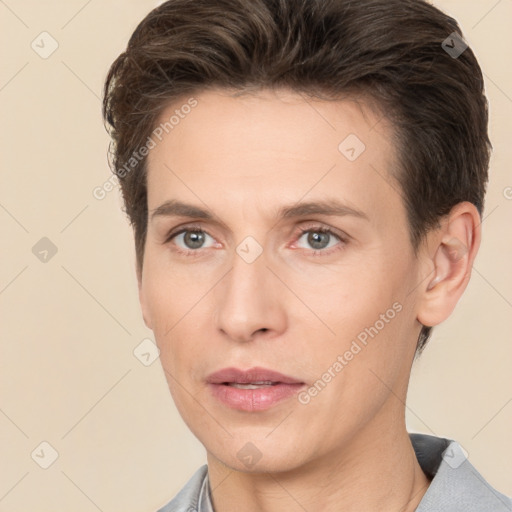 Neutral white young-adult male with short  brown hair and brown eyes