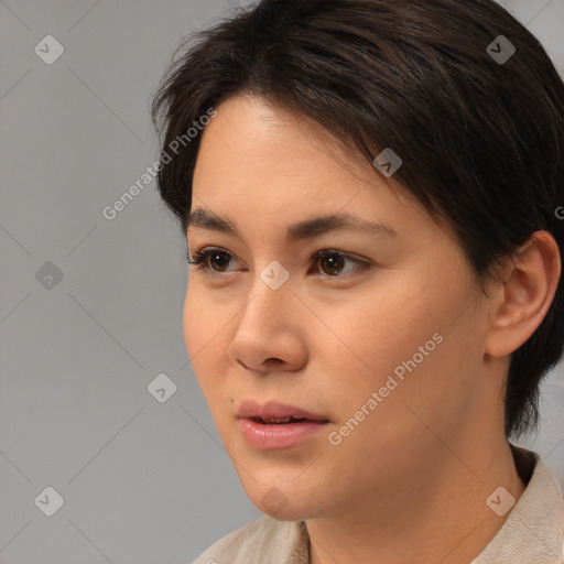 Neutral white young-adult female with medium  brown hair and brown eyes