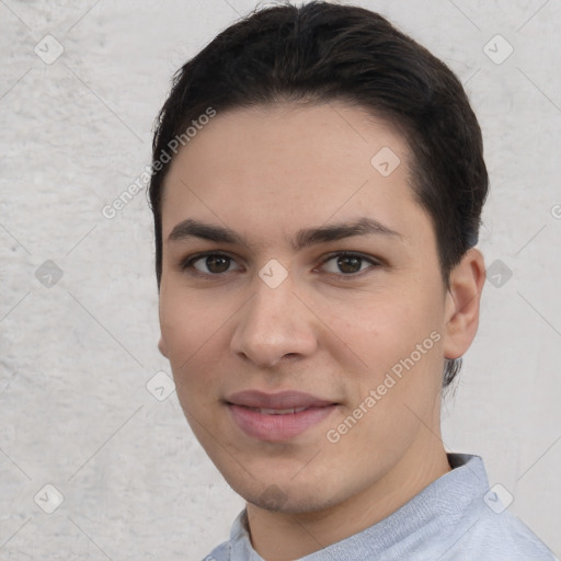 Joyful white young-adult female with short  brown hair and brown eyes