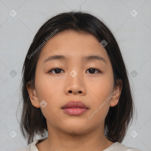 Neutral asian young-adult female with medium  brown hair and brown eyes