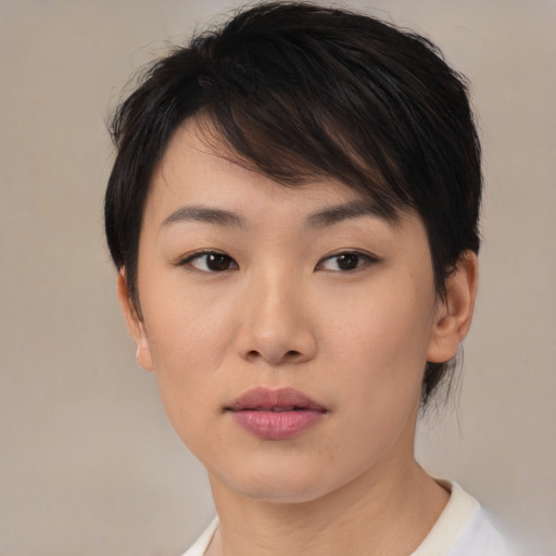 Neutral asian young-adult female with medium  brown hair and brown eyes