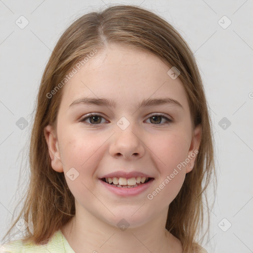 Joyful white child female with medium  brown hair and brown eyes