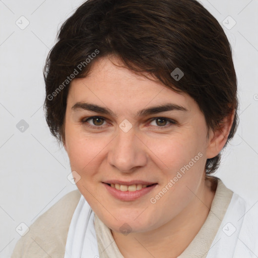 Joyful white young-adult female with medium  brown hair and brown eyes