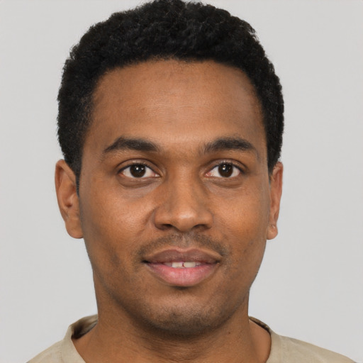 Neutral black young-adult male with short  black hair and brown eyes