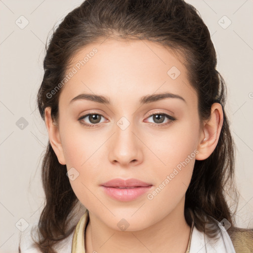 Neutral white young-adult female with medium  brown hair and brown eyes