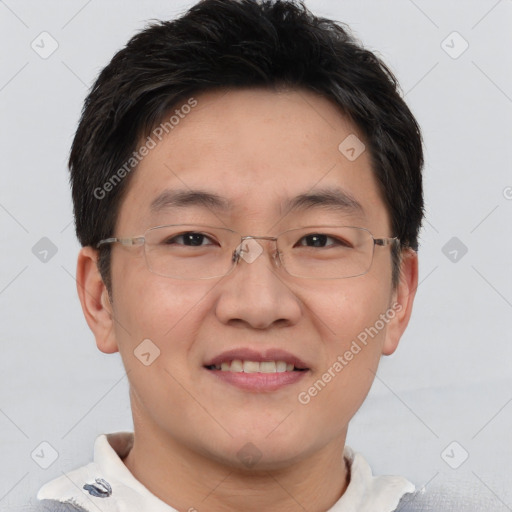 Joyful asian young-adult male with short  brown hair and brown eyes