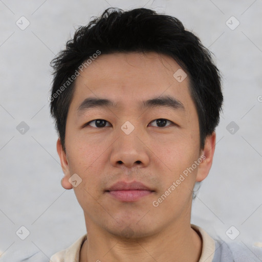 Neutral asian young-adult male with short  brown hair and brown eyes