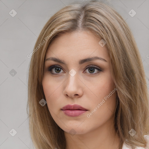 Neutral white young-adult female with long  brown hair and brown eyes