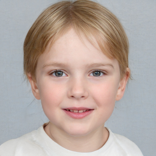 Joyful white child female with medium  brown hair and blue eyes