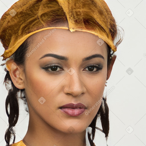 Neutral white young-adult female with medium  brown hair and brown eyes