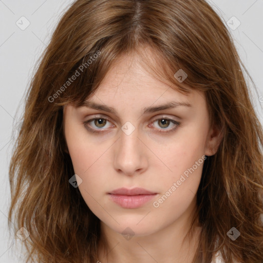 Neutral white young-adult female with long  brown hair and brown eyes