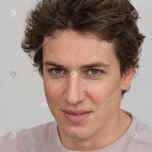 Joyful white adult female with short  brown hair and brown eyes