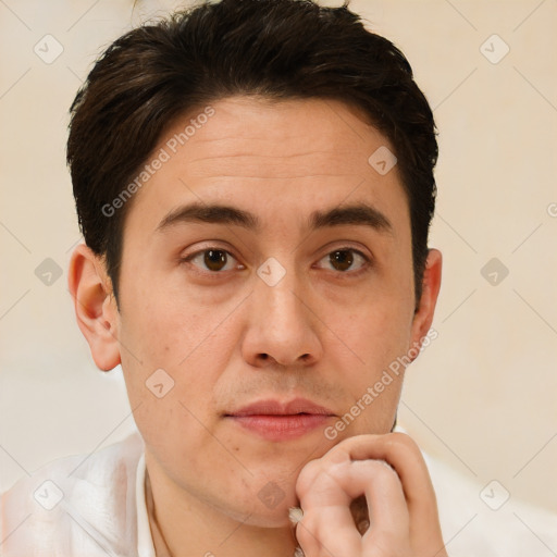 Neutral white young-adult male with short  brown hair and brown eyes