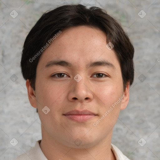 Neutral asian young-adult male with short  brown hair and brown eyes