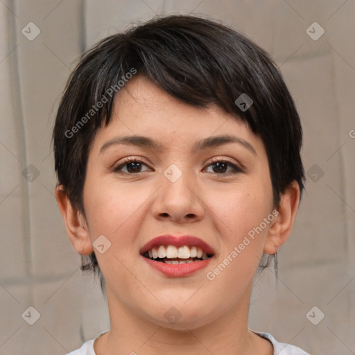 Joyful white young-adult female with medium  brown hair and brown eyes