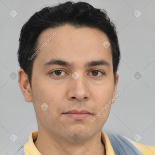 Neutral asian young-adult male with short  brown hair and brown eyes