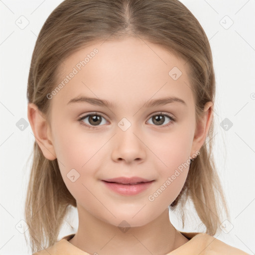 Joyful white child female with medium  brown hair and brown eyes