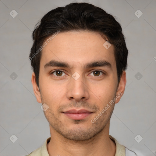 Neutral white young-adult male with short  brown hair and brown eyes