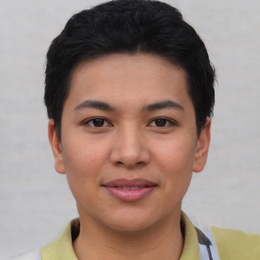 Joyful asian young-adult female with short  black hair and brown eyes