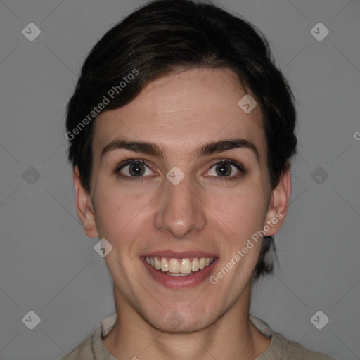 Joyful white young-adult female with short  brown hair and brown eyes