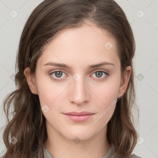 Neutral white young-adult female with medium  brown hair and grey eyes