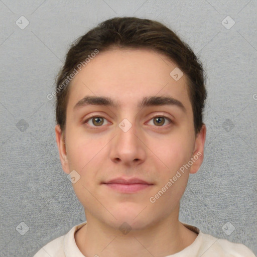 Neutral white young-adult male with short  brown hair and brown eyes