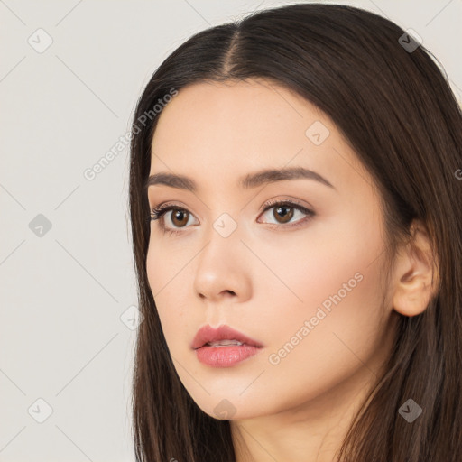 Neutral asian young-adult female with long  brown hair and brown eyes