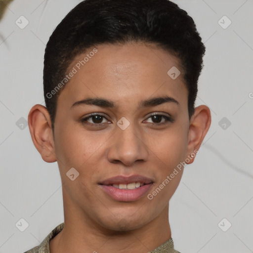 Joyful latino young-adult female with short  brown hair and brown eyes