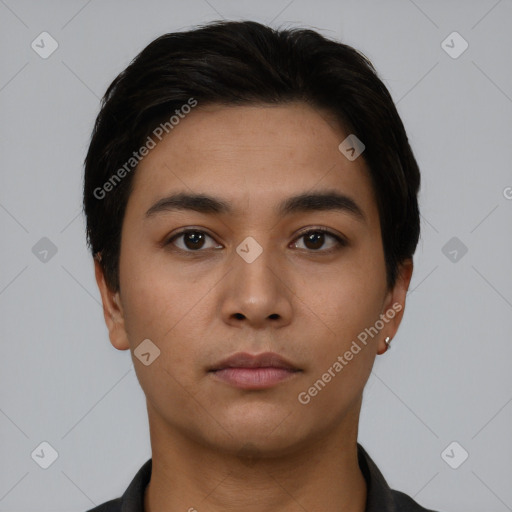 Neutral asian young-adult male with short  black hair and brown eyes