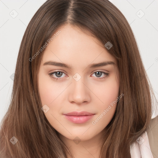 Neutral white young-adult female with long  brown hair and brown eyes